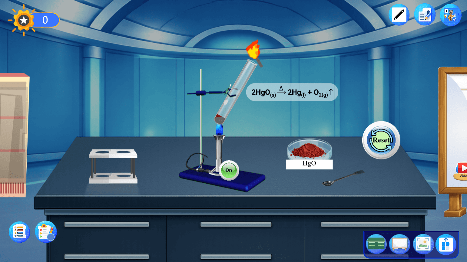 Demonstrates the thermal decomposition of mercury oxide